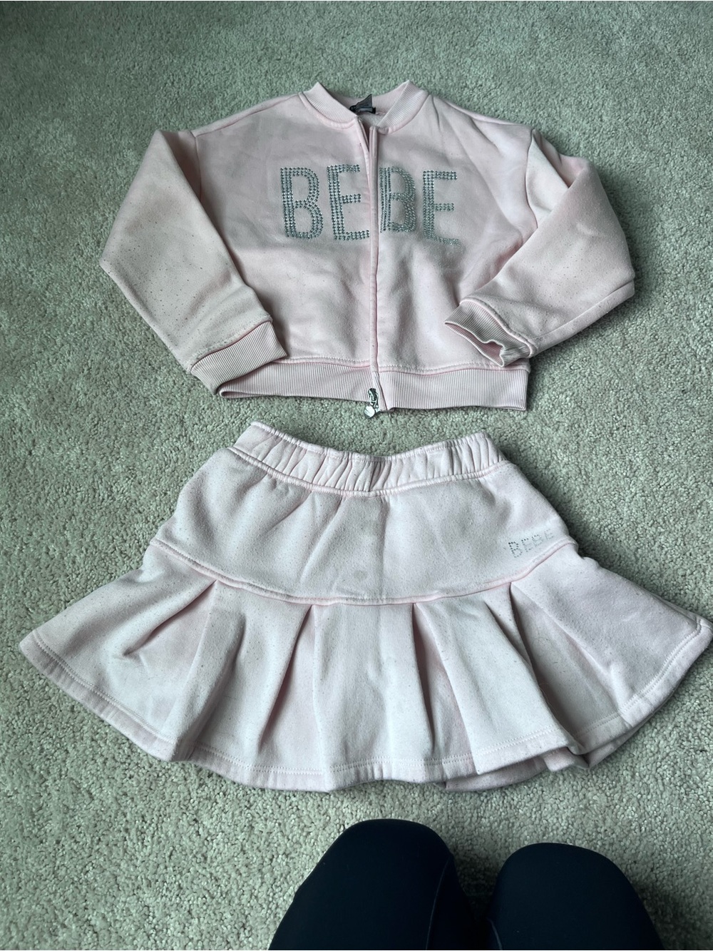 bebe Light Pink Velour Zip Jacket & Pleated Skirt Set